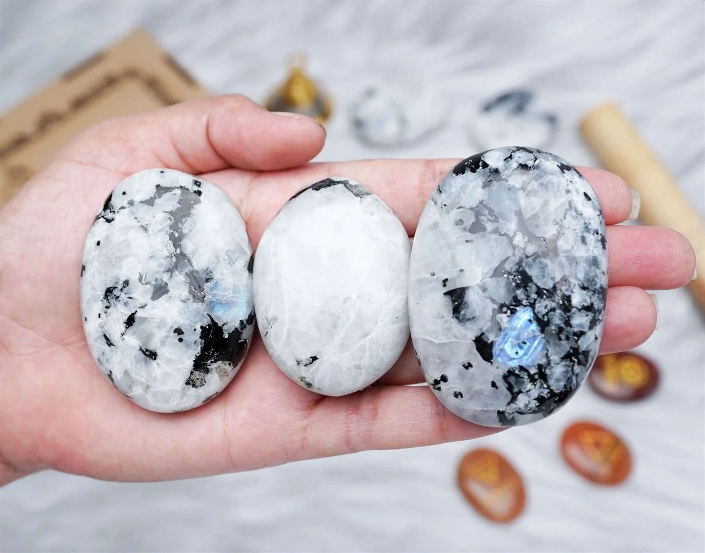 Rainbow Moonstone Crystal Palmstone (Promote Emotional Balance)
